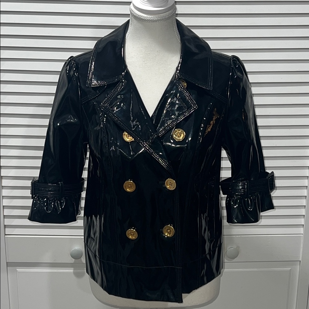 JUICY COUTURE | Black Rain Coat W/ Gold Logo Buttons & Ruffle 3/4 Sleeves 🖤 - Picture 2 of 11